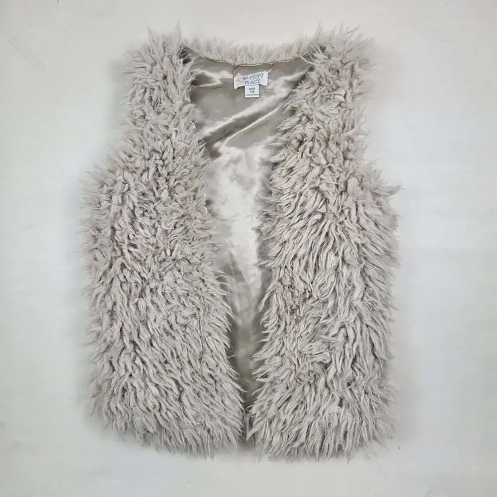 The Children's Place Beige Shaggy Faux Fur Glittery Teddy Vest Size M(7/8)